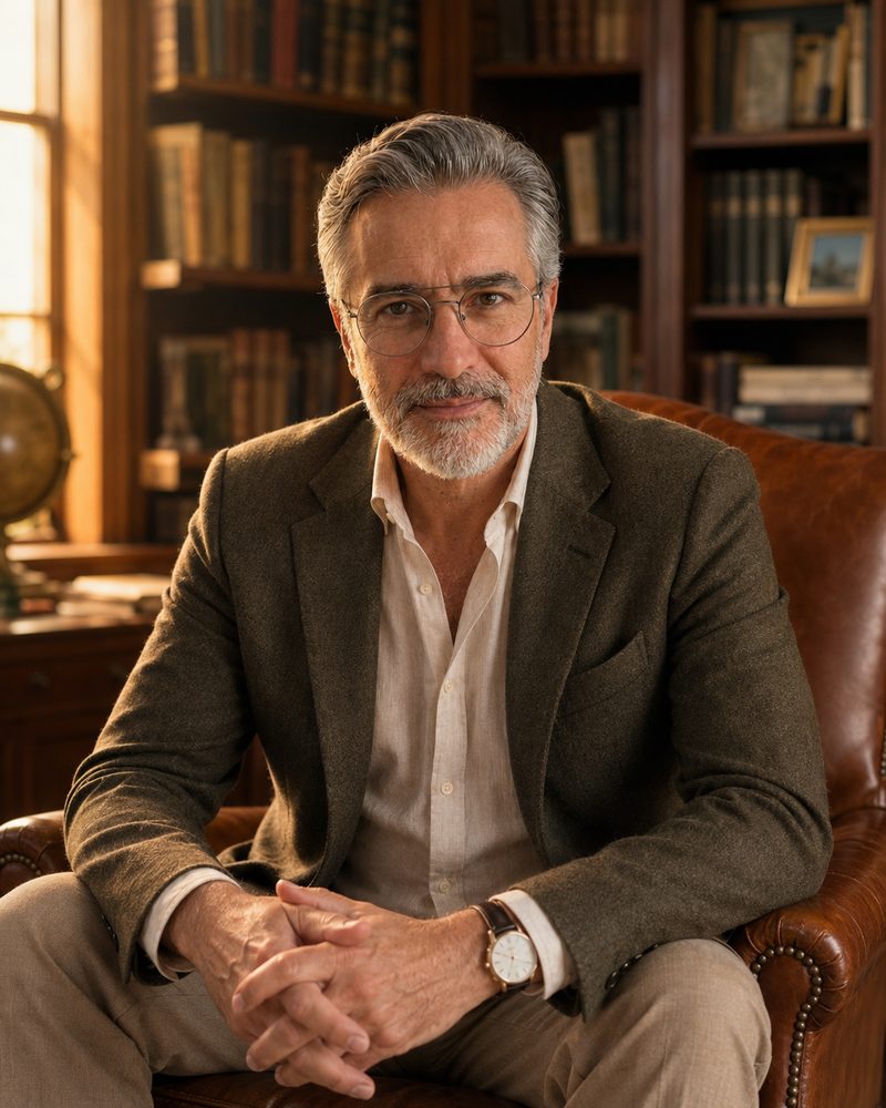 Aurélio Vidal sentado em uma poltrona de couro, com estantes de livros ao fundo