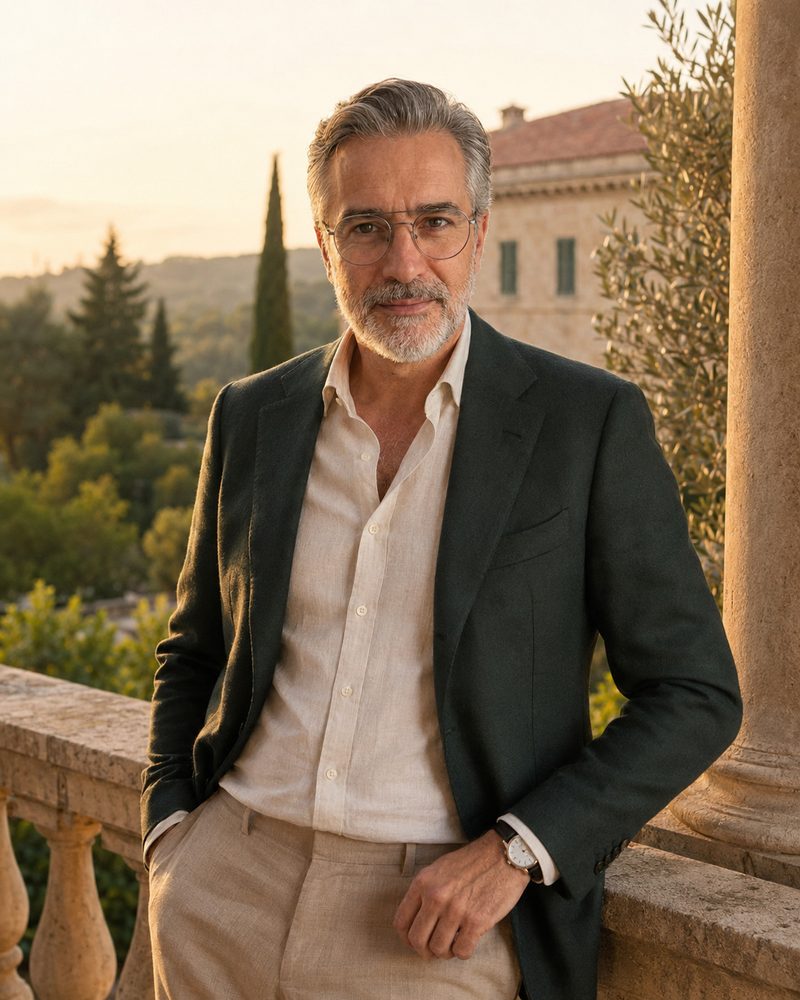 Aurélio Vidal na varanda de uma villa ao entardecer, de blazer verde-escuro e camisa de linho